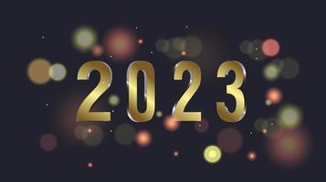 feliz ano novo 2023 design de banner. números 2023 cor dourada com confete em um fundo desfocado colorido. vetor