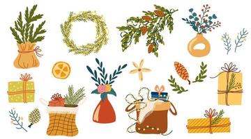 conjunto de decorações de natal. elementos de férias de inverno, pacote de coisas. enfeites de natal, decoração, coroa de abeto, árvore festiva, caixa de presente. ilustrações vetoriais desenhadas à mão isoladas no fundo branco vetor