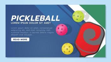 modelo de banner pickleball com uma raquete e 3 bolas. vetor