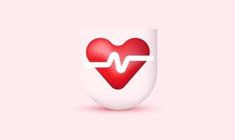 ícone de ilustração escudo realista 3d coração vermelho pulso branco linha isolada no fundo vetor