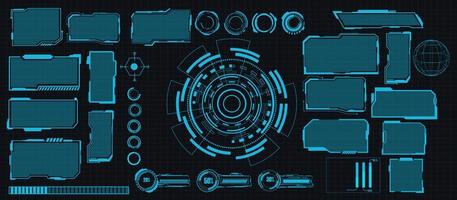 pacote de conjunto de elementos hud de interface digital. interface do usuário, telas de quadro. títulos de textos explicativos, conjunto de círculos fui, barras de carregamento. tela de tecnologia de realidade de painel. vetor