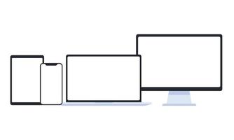 smartphone moderno, tablet, laptop e monitor com tela em branco. conjunto de dispositivos eletrônicos vetoriais planos isolados no fundo branco vetor