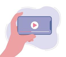 mão segurando o telefone assistindo streaming de vídeo online nas mídias sociais. smartphone com reprodutor de vídeo na tela. assista a filmes, materiais educativos, cursos na web. ilustração vetorial vetor