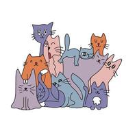 muitos gatos bonitos e coloridos. fundo de gatos. gatos fofos e engraçados doodle conjunto de vetores. coleção de personagens de desenho animado de gato ou gatinho em estilo plano em poses diferentes vetor