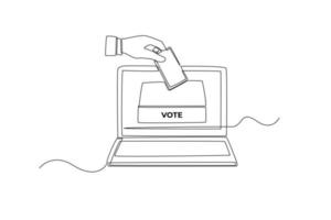 mão contínua de desenho de uma linha colocando papel de votação na caixa em uma tela de laptop para eleição geral regional ou presidencial. conceito de votação. única linha desenhar design gráfico ilustração vetorial. vetor