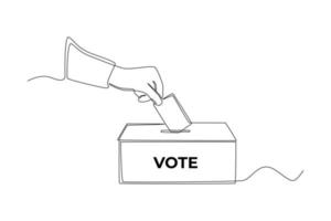 mão contínua de desenho de uma linha colocando papel na urna para eleição geral regional ou presidencial. conceito de votação. única linha desenhar design gráfico ilustração vetorial. vetor