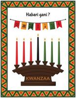 cartão com castiçal tradicional - kinara e bandeiras com sinais de princípios de kwanzaa. habari gani - o que há de novo em suaíli. quadro com padrões de triângulo africano. ilustração vetorial colorida