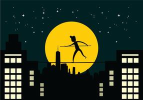 Tightrope Walker Over City Buildings À Noite