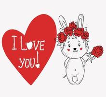 apaixonada coelhinha em coroa de flores com rosa nas costas, grande coração e texto - eu te amo. ilustração vetorial no estilo de rabiscos desenhados à mão. animal engraçado para design, cartões para dia dos namorados vetor