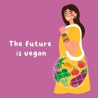 jovem mulher com legumes em saco de corda de desperdício zero perto da mensagem que o futuro é vegano em fundo roxo. conceito vegano. vetor