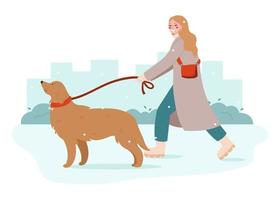 jovem andando com cachorro. dono do animal de estimação passeando com seu cachorro na coleira. caminhe com o conceito de mês do cachorro. vetor