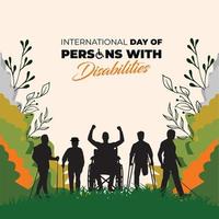 dia internacional das pessoas com deficiência. homens em cadeira de rodas e homem com prótese. modelo para plano de fundo, banner, cartão, pôster. ilustração vetorial. vetor