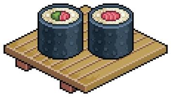 pixel art tekka maki, hosomaki na placa de madeira para ícone de vetor de sushi para jogo de 8 bits em fundo branco