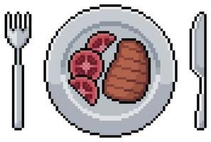 placa de pixel art com ícone de vetor de bife e tomate para jogo de 8 bits em fundo branco