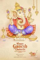 feliz design de pôster de ganesh chaturthi com deus ganesha segurando implemento ritual vetor