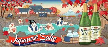 Anúncios de saquê japonês no estilo ukiyo-e com homens e um macaco fofo desfrutando de fontes termais ao ar livre, belas paisagens de bordo vetor