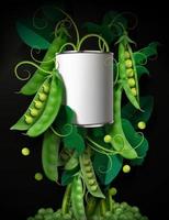 maquete de ervilhas enlatadas com planta fresca em ilustração 3d em fundo preto