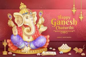 design de ganesh chaturthi feliz com deus ganesha segurando implemento ritual vetor
