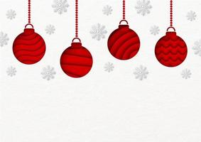 decorar bolas de natal penduradas com flocos de neve em fundo de papel branco. cartão de natal em estilo de corte de papel e design vetorial. vetor