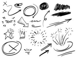 conjunto desenhado à mão de elementos abstratos de doodle em quadrinhos. com coroa, fogos de artifício, redemoinho, swoosh, rabisco, seta, ênfase de texto. isolado no fundo branco. ilustração vetorial vetor