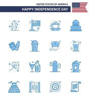 feliz dia da independência 4 de julho conjunto de 16 pictograma americano de blues de carrinho de garrafa americano cidade dos eua editável dia dos eua vetor elementos de design
