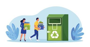 reciclagem de tecidos. as pessoas colocam, classificando roupas em contêiner de rua urbana para ajuda humanitária social. tecido reciclado, produção têxtil e ecológica. voluntários doando para caridade. reutilização de roupas vetor