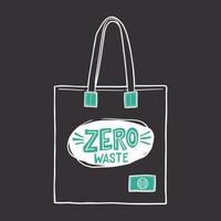 sacos de compras reutilizáveis ecológicos têxteis com letras zero desperdício em fundo preto vetor