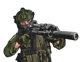 soldado masculino está apontando sua arma para a frente. ilustração vetorial de patriotismo vetor