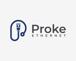 conector de internet de rede de fio de cabo ethernet eletrônico com design de logotipo de vetor simples letra p