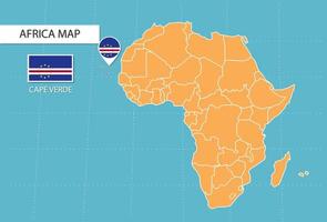 mapa de cabo verde na áfrica, ícones mostrando bandeiras e localização de cabo verde. vetor