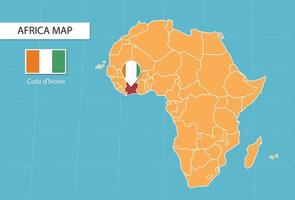 mapa da costa do marfim na áfrica, ícones mostrando bandeiras e localização da costa do marfim. vetor