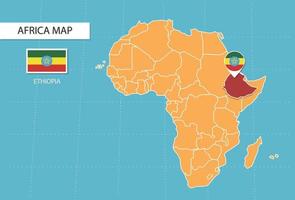 Mapa da Etiópia na África, ícones mostrando a localização da Etiópia e bandeiras. vetor