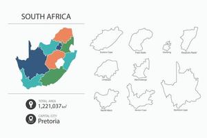 mapa da áfrica do sul com mapa detalhado do país. elementos do mapa das cidades, áreas totais e capital. vetor