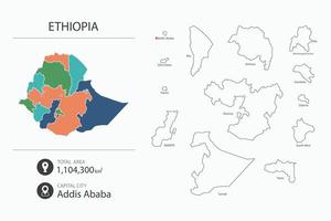 mapa da etiópia com mapa detalhado do país. elementos do mapa das cidades, áreas totais e capital. vetor