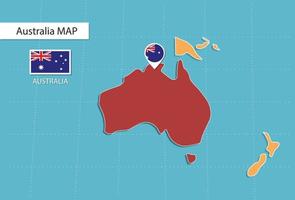 mapa da austrália na austrália, ícones mostrando a localização da austrália e bandeiras. vetor