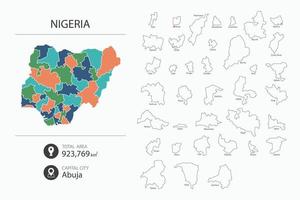 mapa da nigéria com mapa detalhado do país. elementos do mapa das cidades, áreas totais e capital. vetor