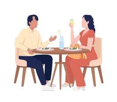 casal desfrutando do café da manhã e conversando com personagens vetoriais de cor semiplana. figuras editáveis. pessoas de corpo inteiro em branco. ilustração simples de estilo cartoon para web design gráfico e animação vetor