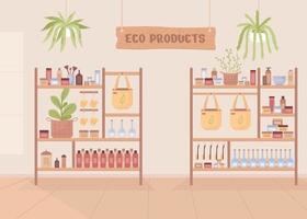 produtos cosméticos orgânicos armazenam ilustração vetorial de cor plana. compra de bens sustentáveis. interior de desenho animado simples 2d totalmente editável com racks em segundo plano vetor