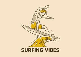 ilustração vintage de homem surfando nas ondas vetor