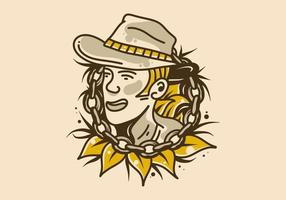 desenho de ilustração vintage de homens usam chapéus de cowboy com correntes e folhas ao seu redor vetor