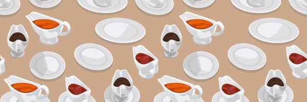 um padrão de molhos e pratos. diferentes molhos em caçarolas mostarda, tomate, soja. adequado para impressão em têxteis e papel para restaurantes e cafés. vetor