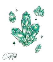 conjunto de ilustração de quartzo esmeralda cristal desenhado à mão pedra preciosa cor verde desenho detalhado desenho vetorial vetor