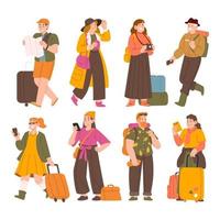 conjunto de caracteres turísticos. família de casal jovem, turistas viajando com mochilas e malas, malas. vetor isolado de pessoas de férias de verão. ilustração de personagem de turista de verão, mulher e homem