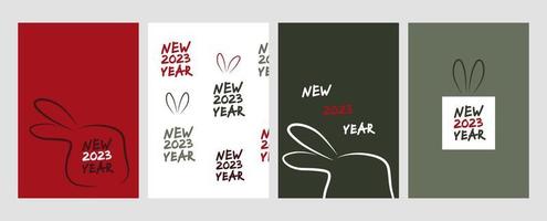 Conjunto de cartazes de ano novo de 2023. quatro cartazes verticais com silhueta de cabeça de coelho de contorno. arte de rua, letras, grafite, modelo, banner, cartão. mão desenhada doodle ilustração em vetor moderno.