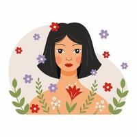 mulher bonita com batom brilhante. menina e flores. verão. saúde mental. harmonia. Emoções positivas. homem feliz. vetor