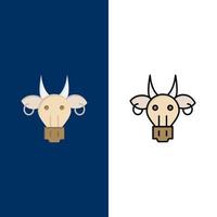 animais de adorno touro ícones de crânio indiano plano e conjunto de ícones cheios de linha vector fundo azul