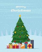 árvore de natal com caixas de presentes em fundo de inverno de neve. ilustração vetorial fofa em estilo plano para cumprimentar o ano novo ou cartão de feliz natal vetor