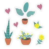 conjunto de adesivos de plantas caseiras em vasos de cerâmica. ilustração vetorial estilo desenhado na mão. flores amarelas, corações e folhas em tons pastel. vetor