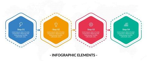 Modelo de infográfico de negócios de quatro etapas de hexágono colorido vetor