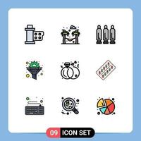 9 interface do usuário pacote de cores planas de linha cheia de sinais e símbolos modernos de engrenagem de diamante funil de engrenagem elementos de design de vetores editáveis